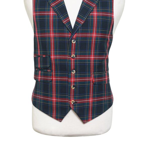 Mens Vest 44R Tartan Plaid Wool Black Red Green Lapel Waistcoat Formal Wedding - Picture 5 of 9
